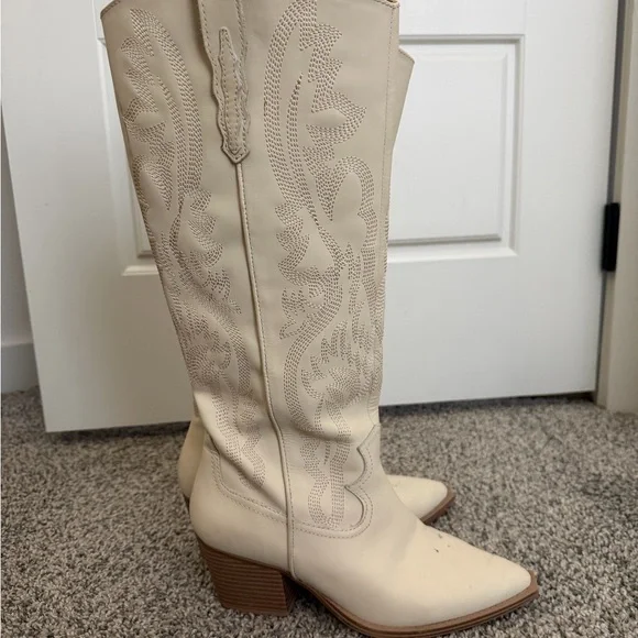 Cream Western-Style Knee-High Boots - Picture 6 of 6